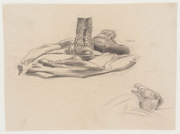 KT 1989 028
<br/>
Een paar rijglaarzen op een kledingstuk; schets van een laars
<br/>
<em>Kuperus, Sjoerd (1893 - 1988)</em>